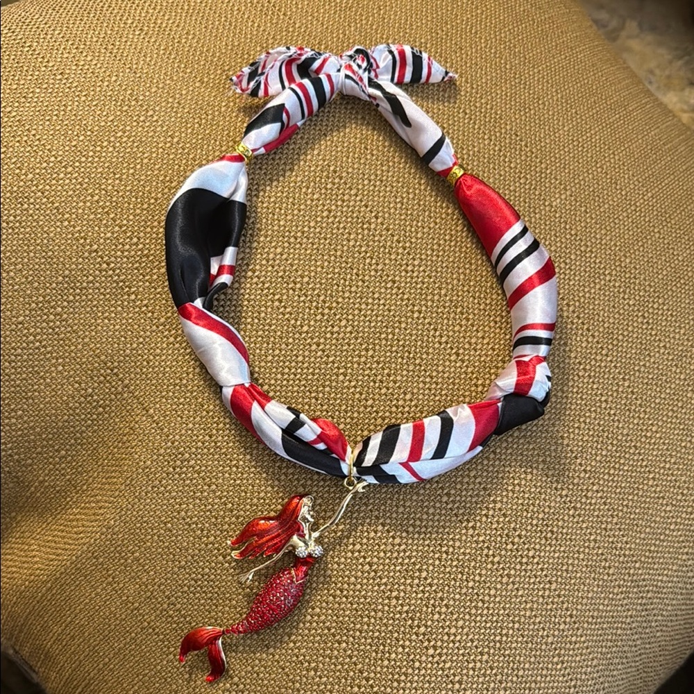 Red and Black Striped Scarf Necklace with Mermaid Pendant (not vintage)